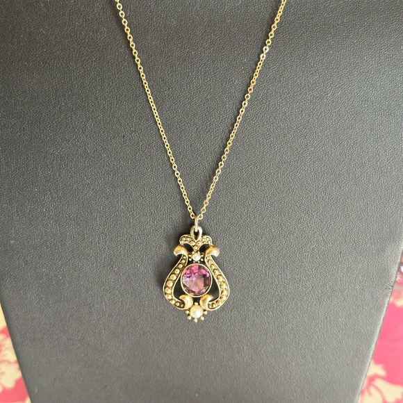 Vintage Purple glass, and faux Pearl pendant Avon 18” - Picture 5 of 6